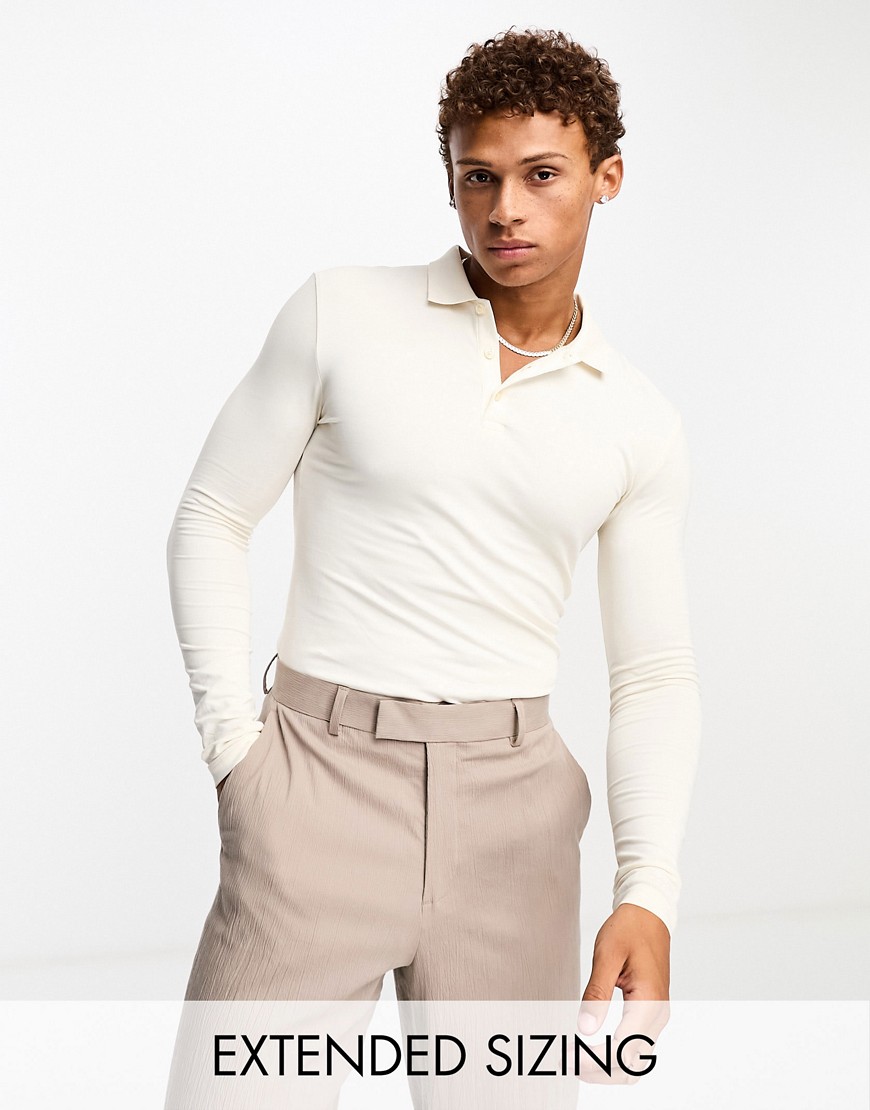 ASOS DESIGN long sleeve muscle fit polo in cream-Neutral