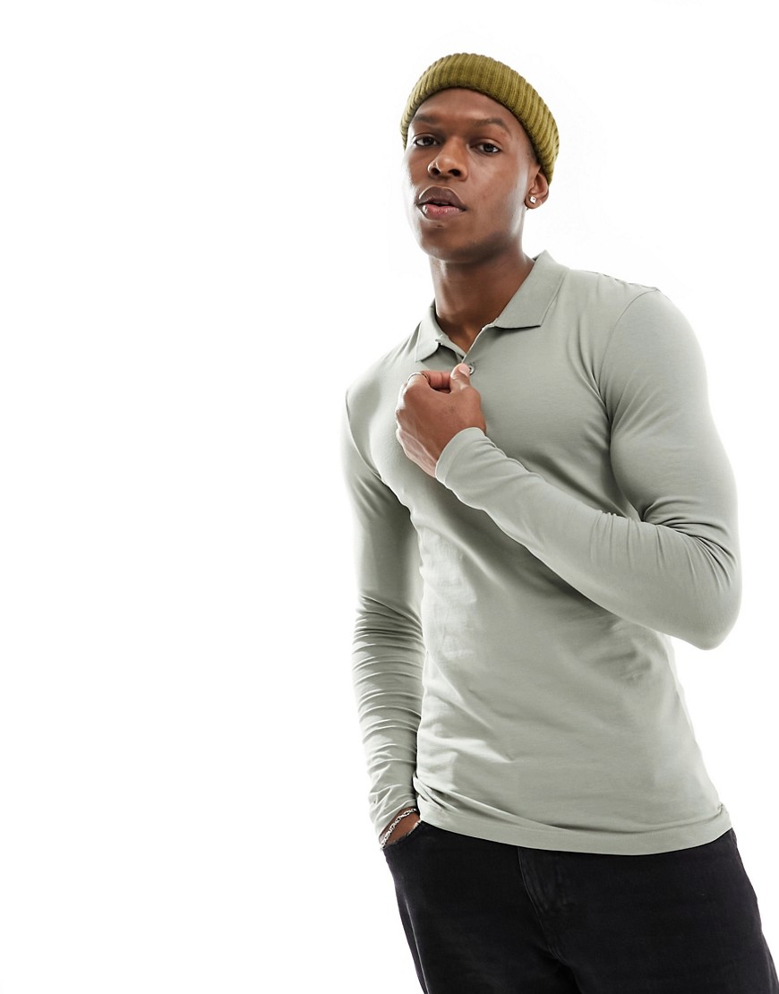 ASOS DESIGN long sleeve muscle fit polo in green