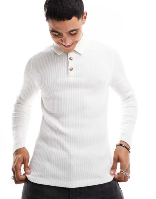 ASOS DESIGN long sleeve muscle fit polo in lightweight rib in white