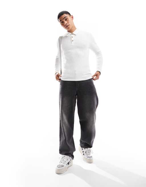 ASOS DESIGN long sleeve muscle fit polo in lightweight rib in white, 3 of 4