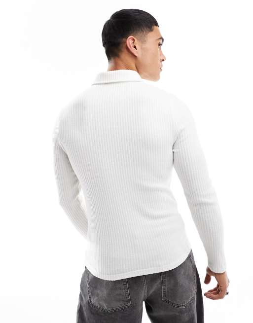 ASOS DESIGN long sleeve muscle fit polo in lightweight rib in white, 4 of 4