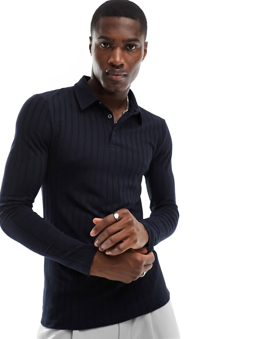 ASOS DESIGN long sleeve muscle fit polo in navy rib
