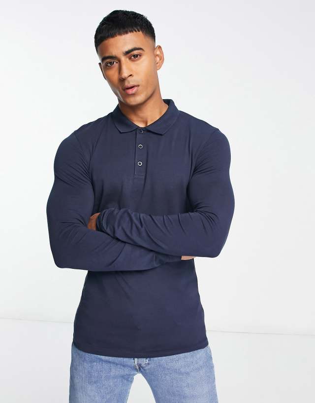 ASOS DESIGN long sleeve muscle fit polo in navy