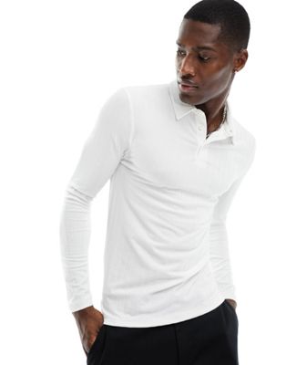 ASOS DESIGN long sleeve muscle fit polo in white rib