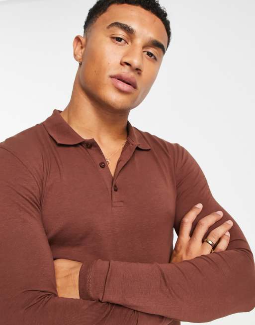 ASOS DESIGN long sleeve muscle fit polo shirt in brown ASOS