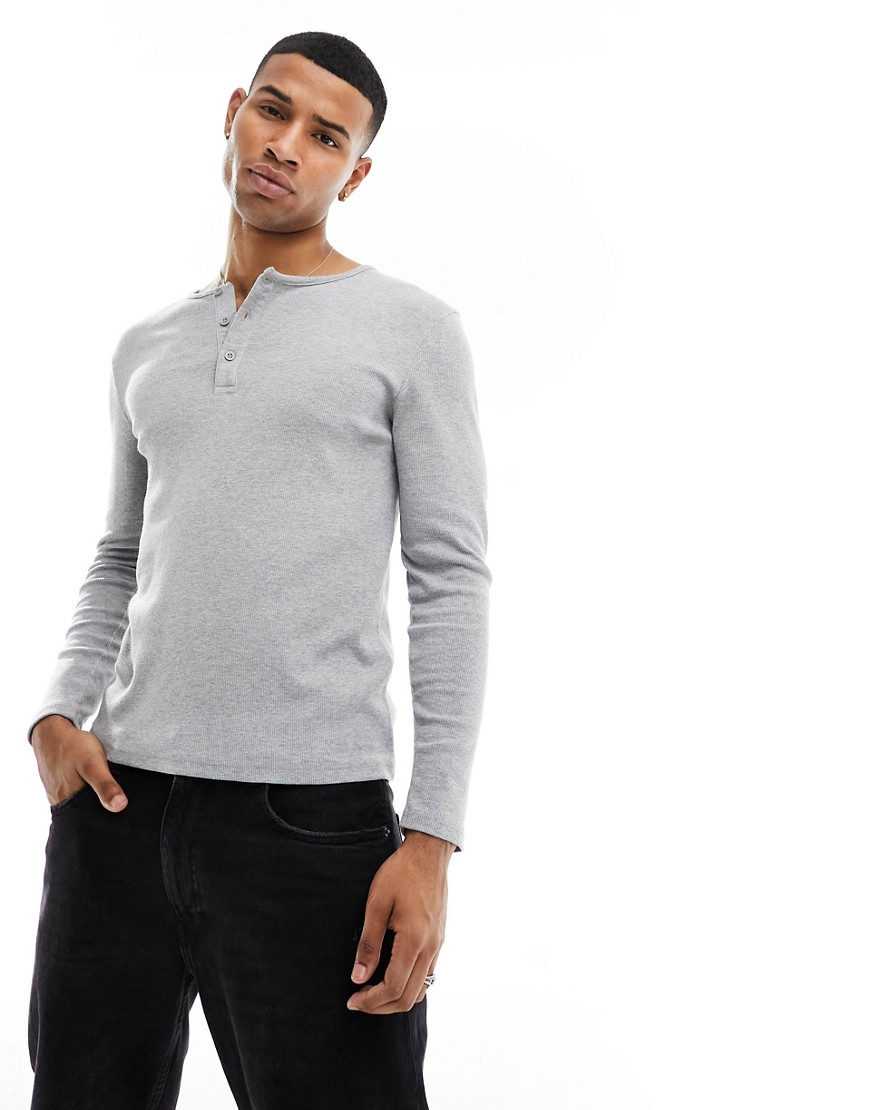 ASOS DESIGN long sleeve muscle fit rib henley t-shirt in grey marl