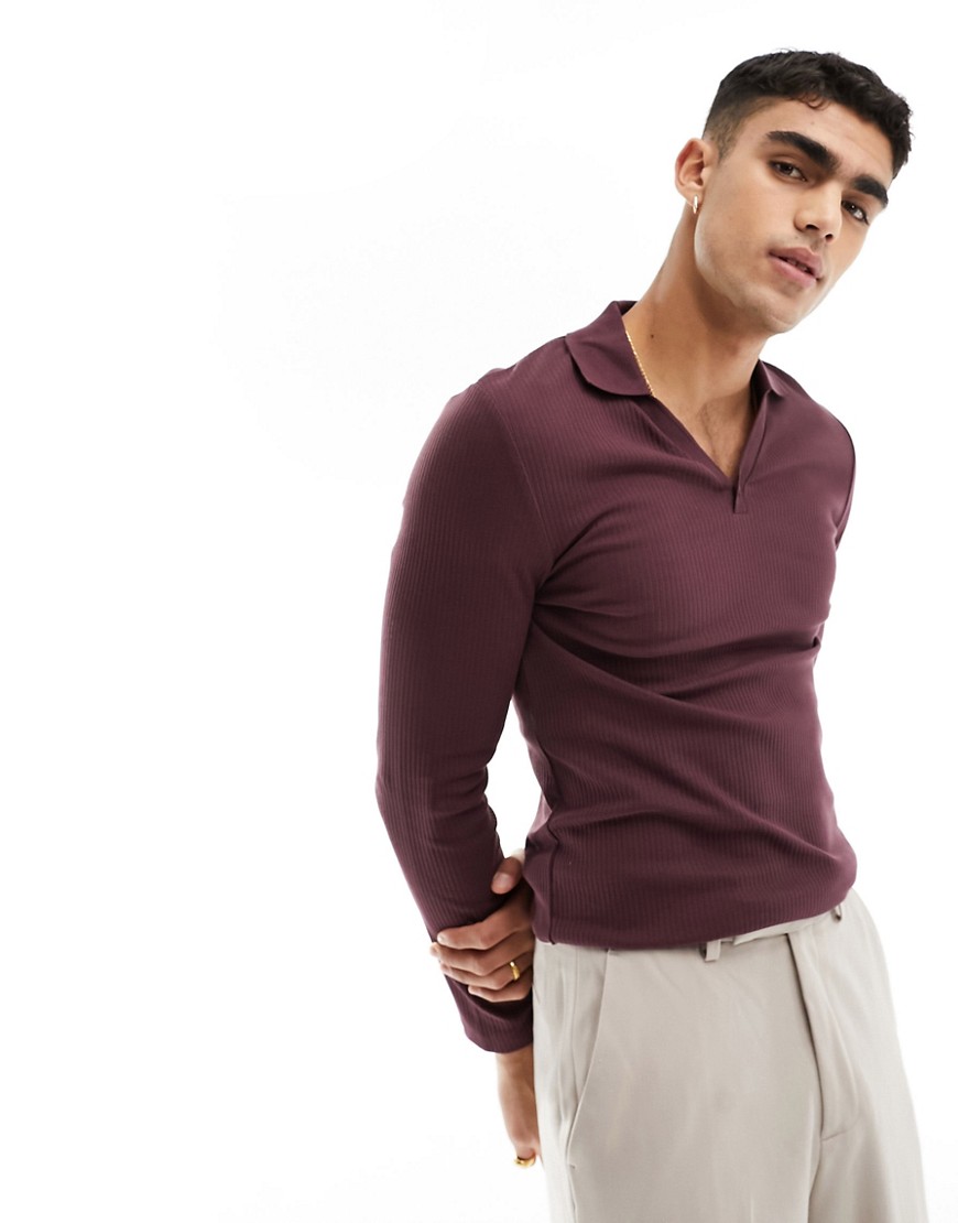 ASOS DESIGN long sleeve muscle fit rib revere polo in burgundy-Red