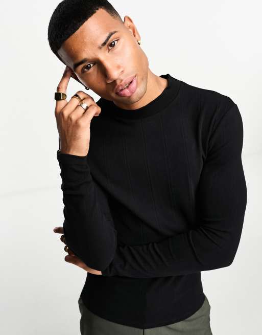 ASOS Design Skinny Long Sleeve Turtle Neck T-Shirt in Textured Faux Leather Black