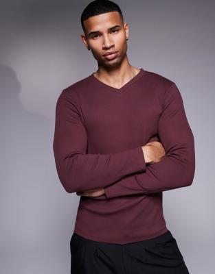 Asos Design Long Sleeve Muscle Fit Ribbed T-shirt With V Neck In Red