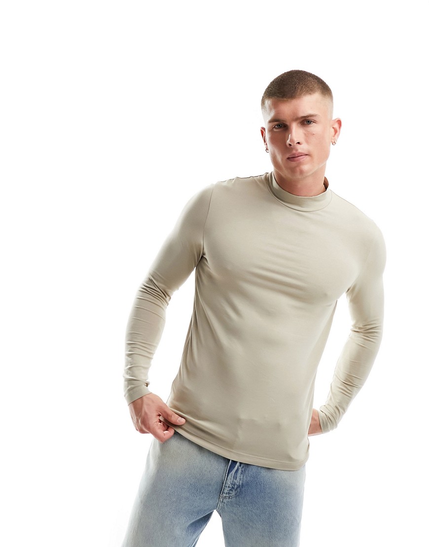 ASOS DESIGN long sleeve muscle fit t-shirt in beige-Neutral
