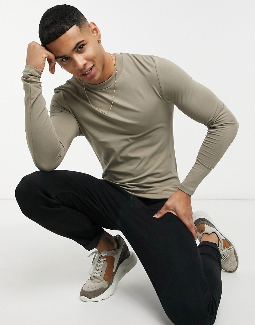 ASOS DESIGN long sleeve muscle fit T-shirt in beige-Neutral