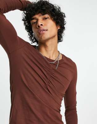 Asos Design Long Sleeve Muscle Fit T-shirt With Ruching In Brown