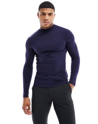ASOS DESIGN long sleeve muscle fit t-shirt with turtle neck in navy