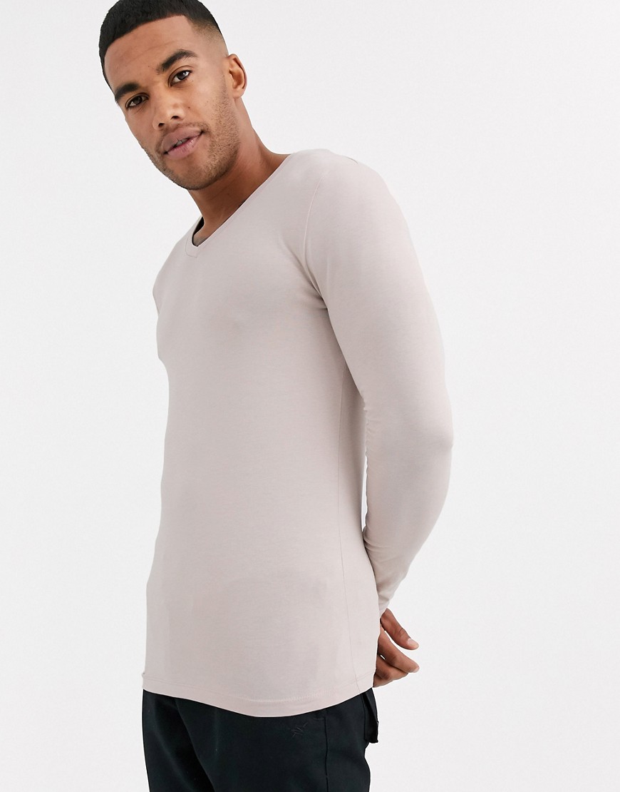 ASOS DESIGN long sleeve muscle fit t-shirt with v neck in beige