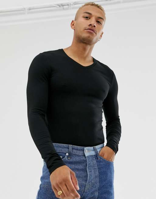 ASOS DESIGN long sleeve muscle fit t-shirt with v neck in ...