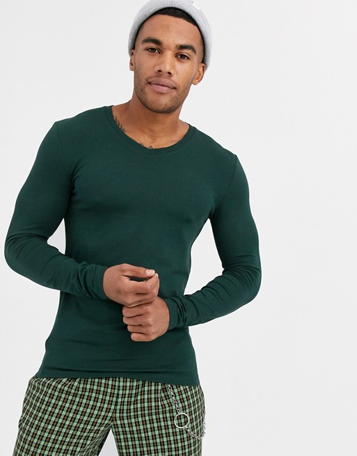 ASOS DESIGN long sleeve muscle fit t-shirt with v neck in green