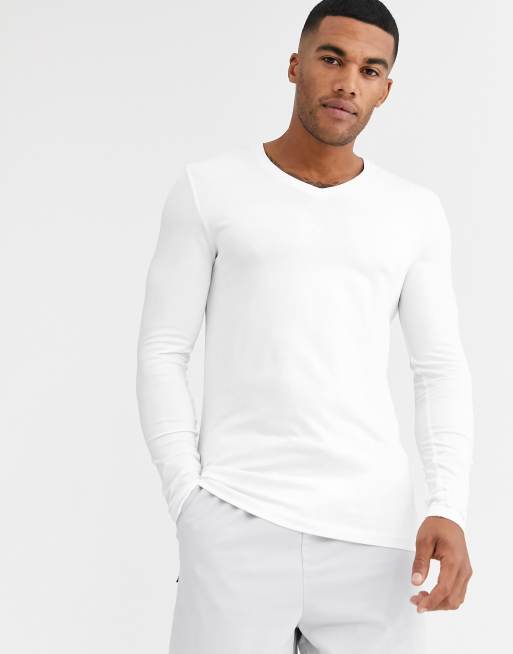 ASOS DESIGN v neck long sleeve t-shirt in white