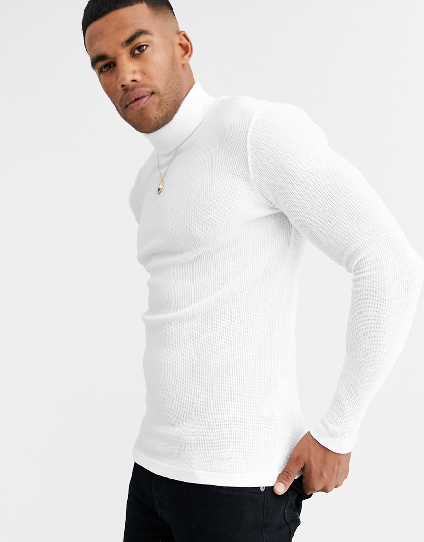 ASOS DESIGN long sleeve muscle fit waffle t-shirt with roll neck in white