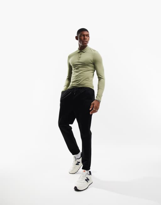 ASOS DESIGN long sleeve muscle polo in washed khaki, 5 of 5