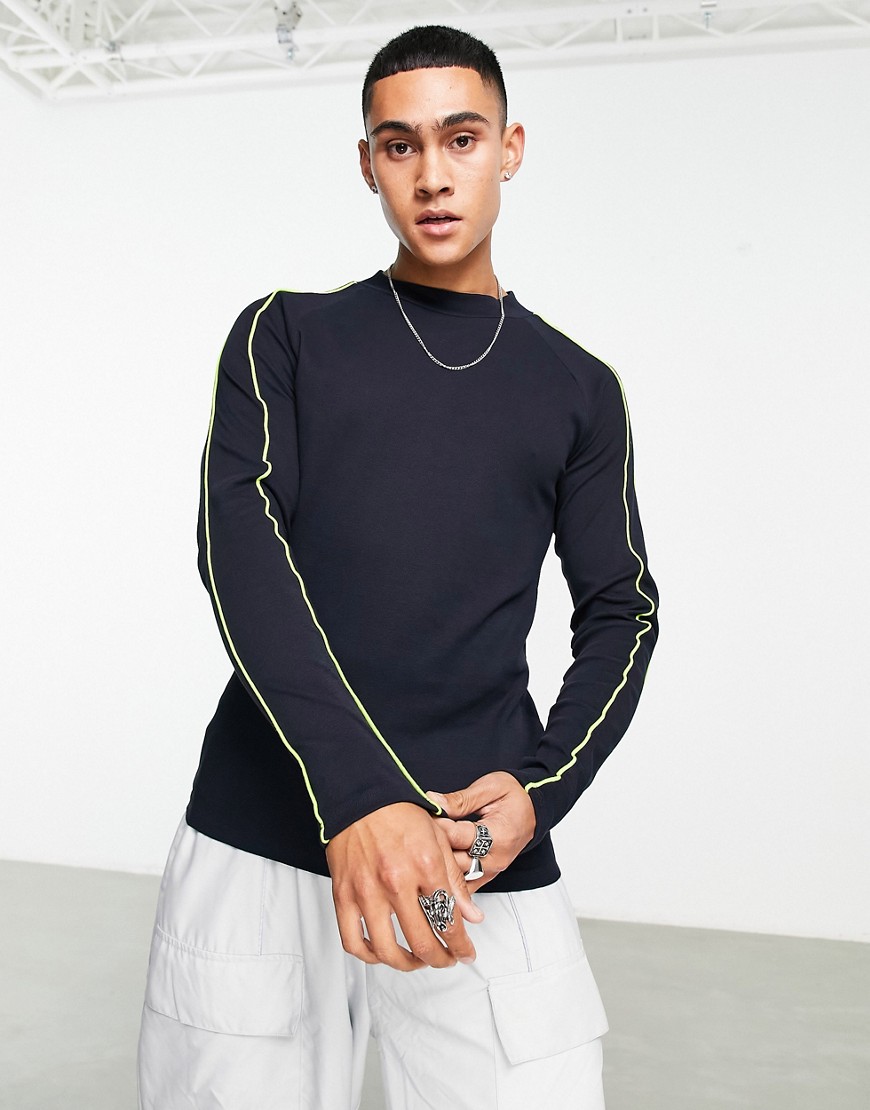 ASOS DESIGN long sleeve muscle rib t-shirt in black with lime stitching