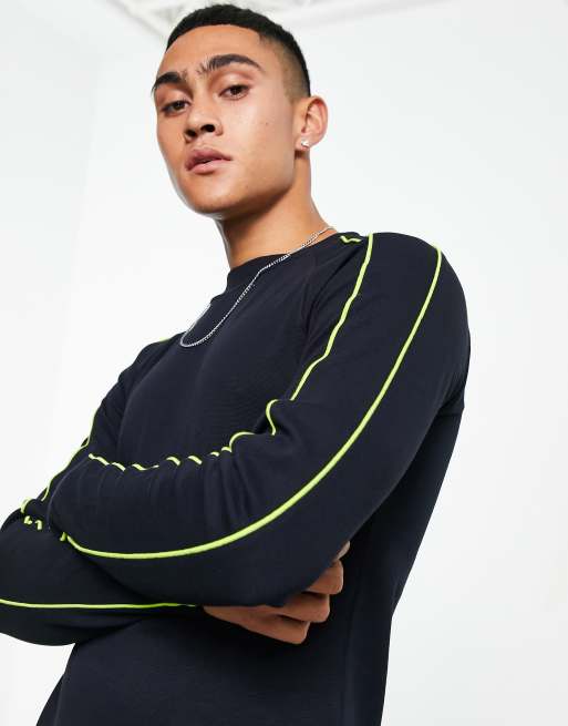 ASOS DESIGN long sleeve muscle rib t-shirt in black with lime