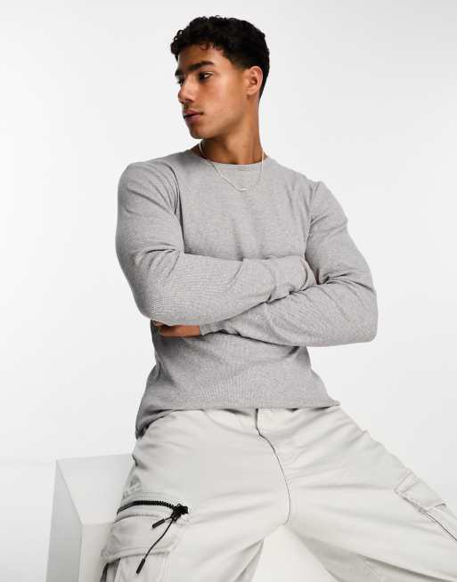 ASOS DESIGN long sleeve muscle rib t-shirt in grey marl | ASOS