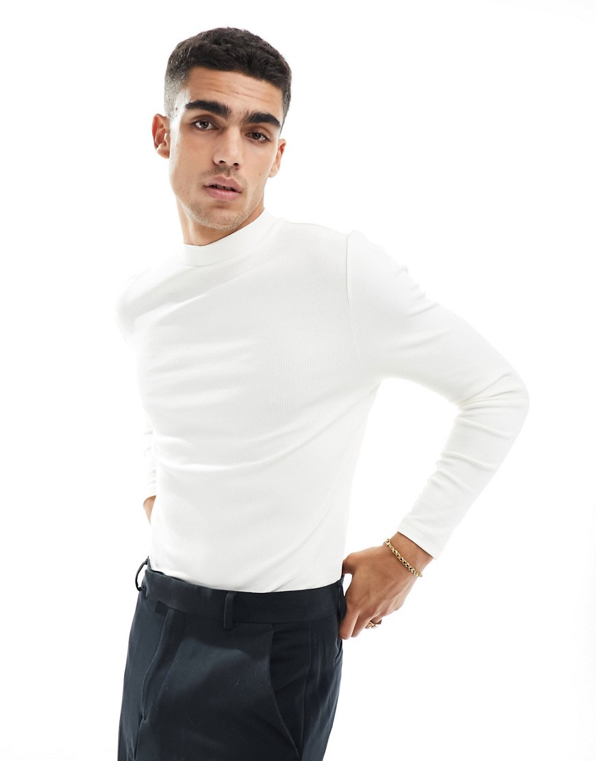 ASOS DESIGN long sleeve muscle rib t-shirt with turtle neck in ecru-Neutral