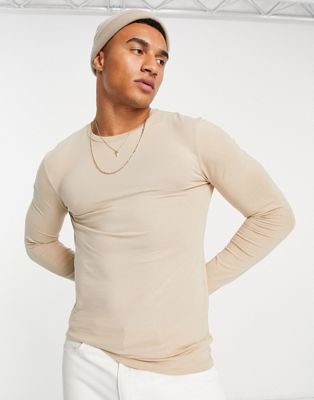 ASOS Design long sleeve muscle t-shirt in beige
