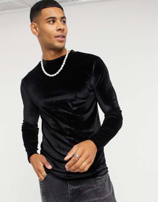 ASOS DESIGN long sleeve muscle t shirt in black velour ASOS