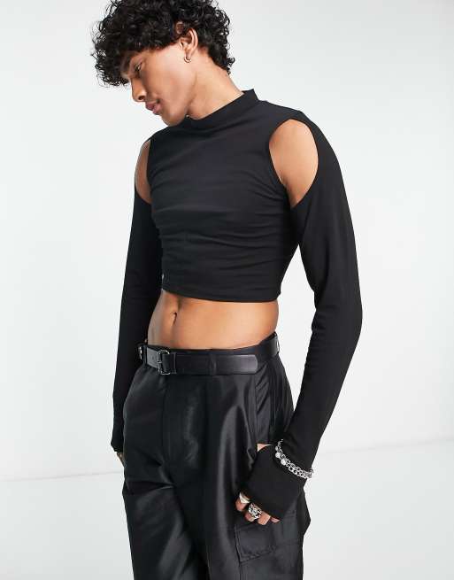 ASOS DESIGN 2 in 1 long sleeve rib top with cut out in black