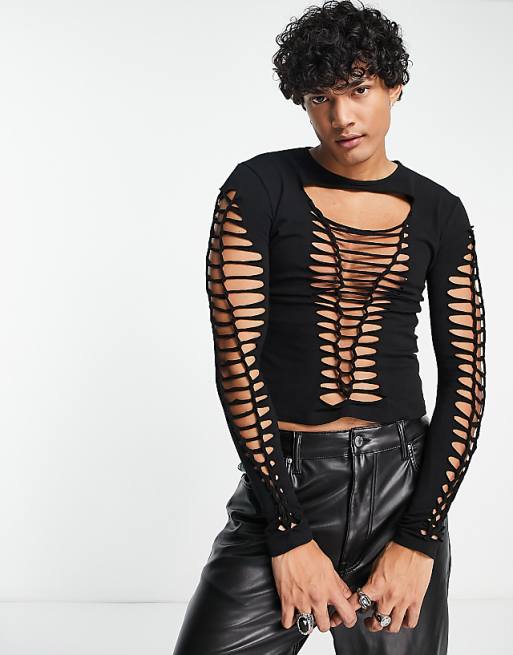 ASOS DESIGN long sleeve muscle t-shirt in black with lattice detail ASOS PANEL SLEEVE CUT TOPS