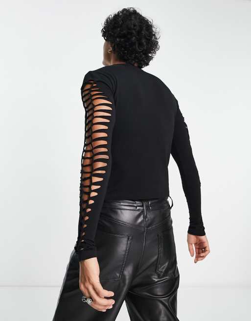 ASOS DESIGN long sleeve muscle t-shirt in black with lattice detail