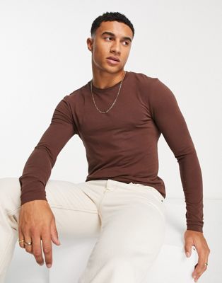 ASOS Design long sleeve muscle t-shirt in dark brown