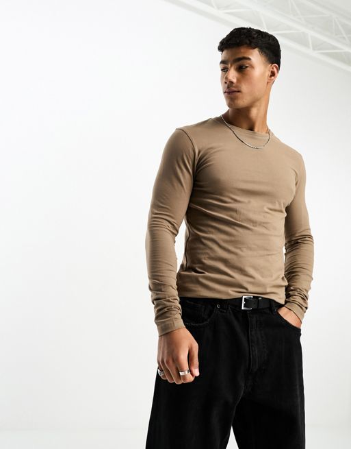 ASOS DESIGN long sleeve muscle t-shirt in light brown | ASOS