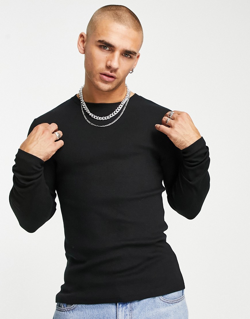 ASOS DESIGN long sleeve muscle t-shirt in lightweight rib in black