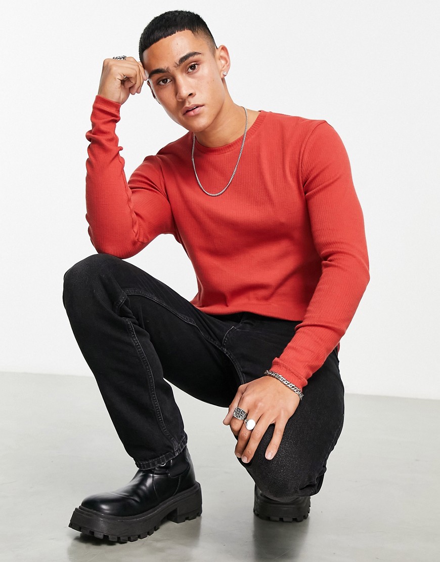 ASOS DESIGN long sleeve muscle t-shirt in lightweight rib in burgundy-Red