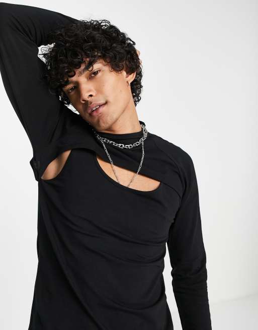 ASOS DESIGN long sleeve muscle t-shirt with shrug and turtle in black