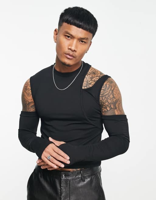 ASOS DESIGN muscle fit long sleeve T-shirt in black lace with tank top  outer layer