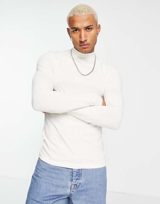 ASOS DESIGN long sleeve muscle t shirt with turtle neck in cream