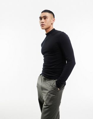 ASOS Design Skinny Long Sleeve Turtle Neck T-Shirt in Textured Faux Leather Black