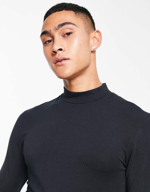 ASOS Design Skinny Long Sleeve Turtle Neck T-Shirt in Textured Faux Leather Black