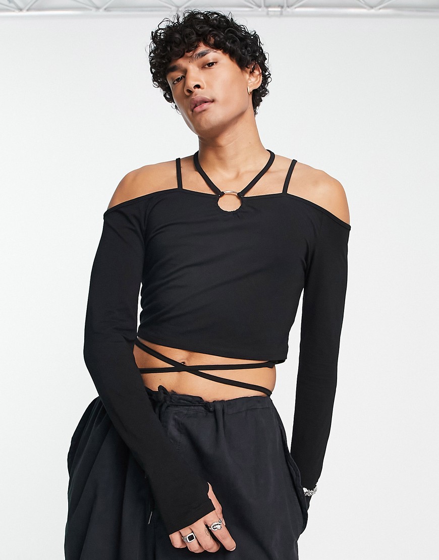 ASOS DESIGN long sleeve muscle T-shirt with wrap details in black