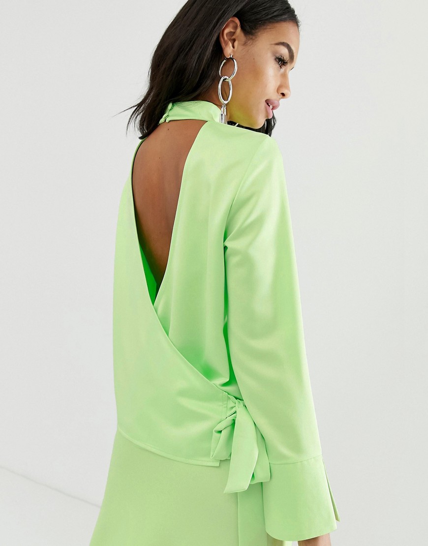 ASOS DESIGN long sleeve neon top with wrap back detail in satin co-ord-Green