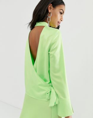 ASOS DESIGN long sleeve neon top with wrap back detail in satin two-piece-Green