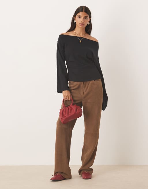ASOS DESIGN long sleeve off shoulder corset waist tee in black