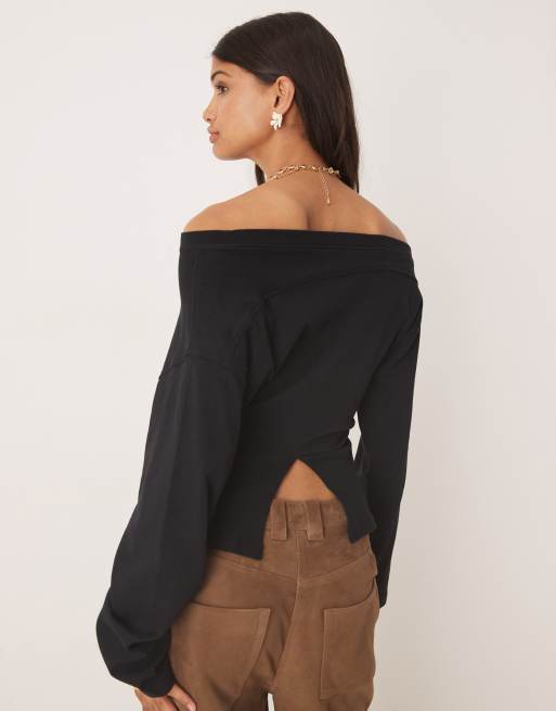 ASOS DESIGN long sleeve off shoulder corset waist tee in black