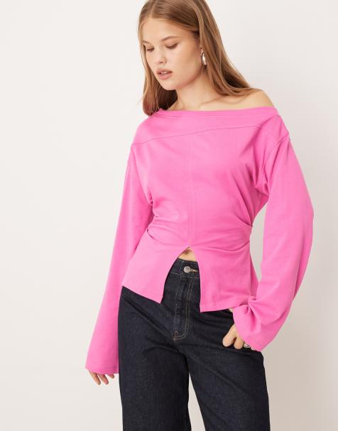 ASOS DESIGN long sleeve off shoulder corset waist tee in bright pink - view 1