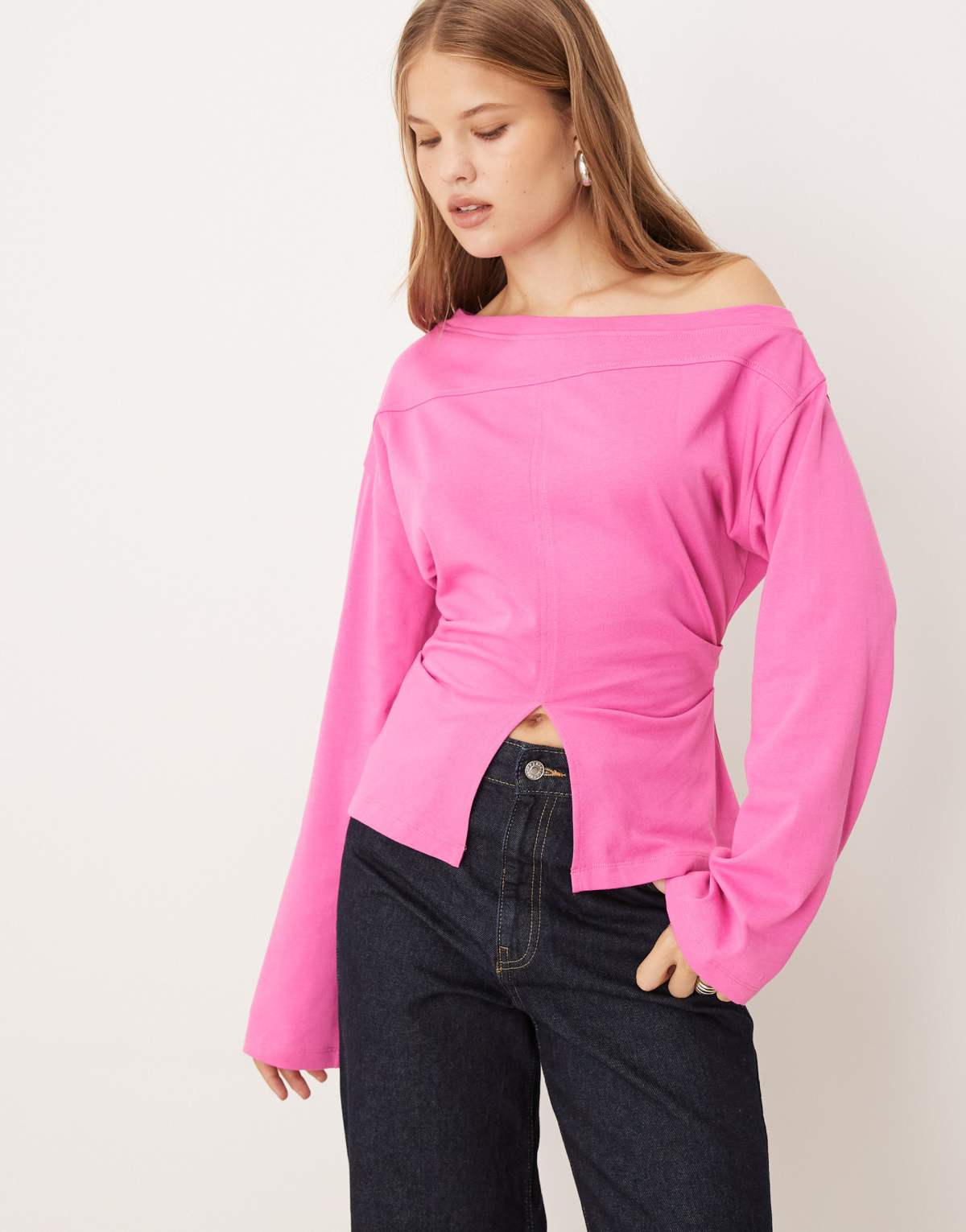 ASOS DESIGN long sleeve off shoulder corset waist tee in bright pink