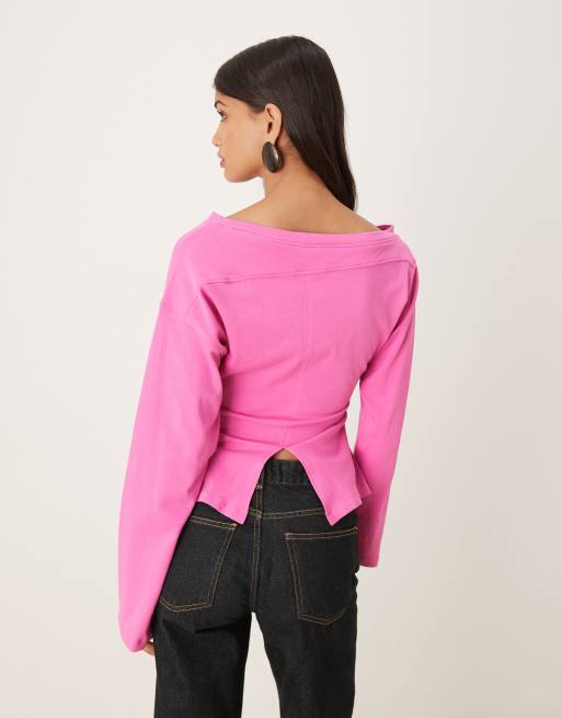 ASOS DESIGN long sleeve off-shoulder corset waist tee in bright pink