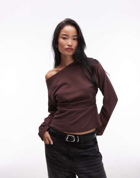 ASOS DESIGN long sleeve off shoulder corset waist tee in chocolate - view 1